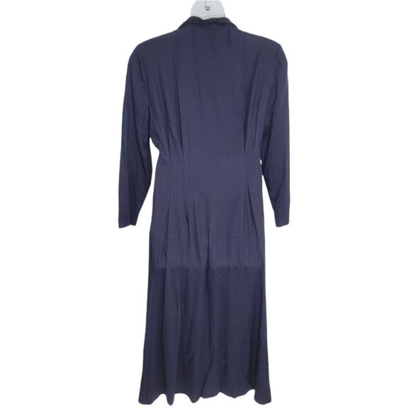 VINTAGE 80s dress navy blue chenille collar wrap maxi M - Picture 2 of 12